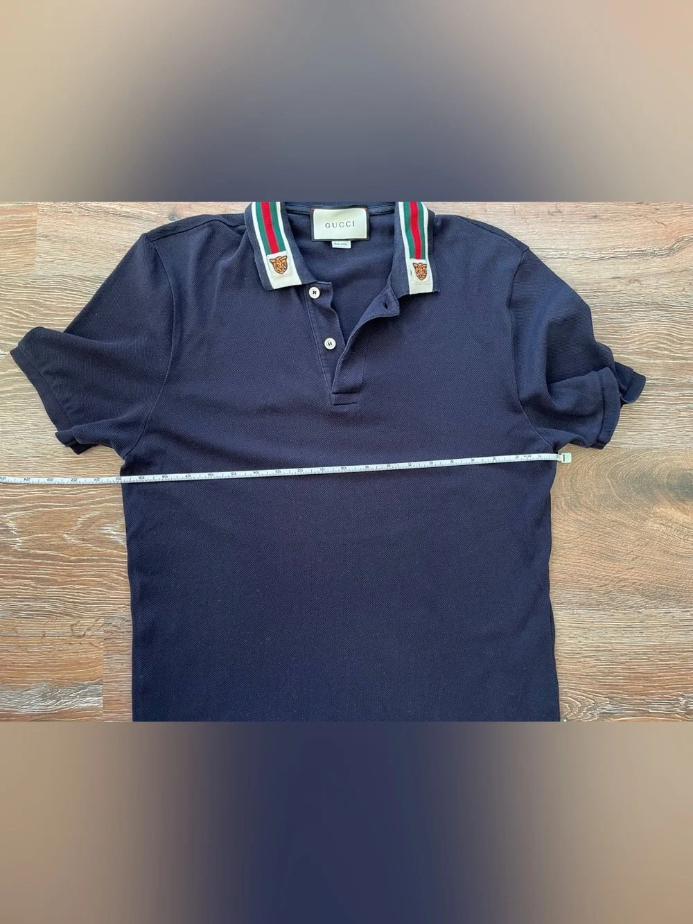 Gucci Navy Polo with Web and Tiger Collar Patches